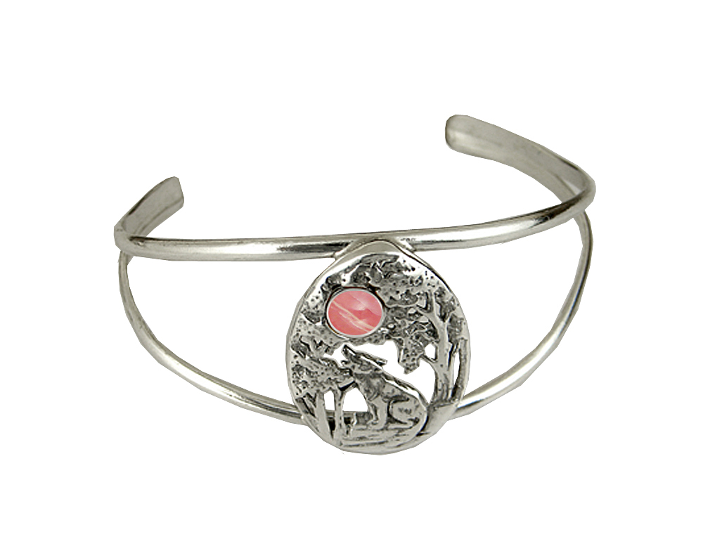 Sterling Silver Howling Wolf Cuff Bracelet With Rhodocrosite